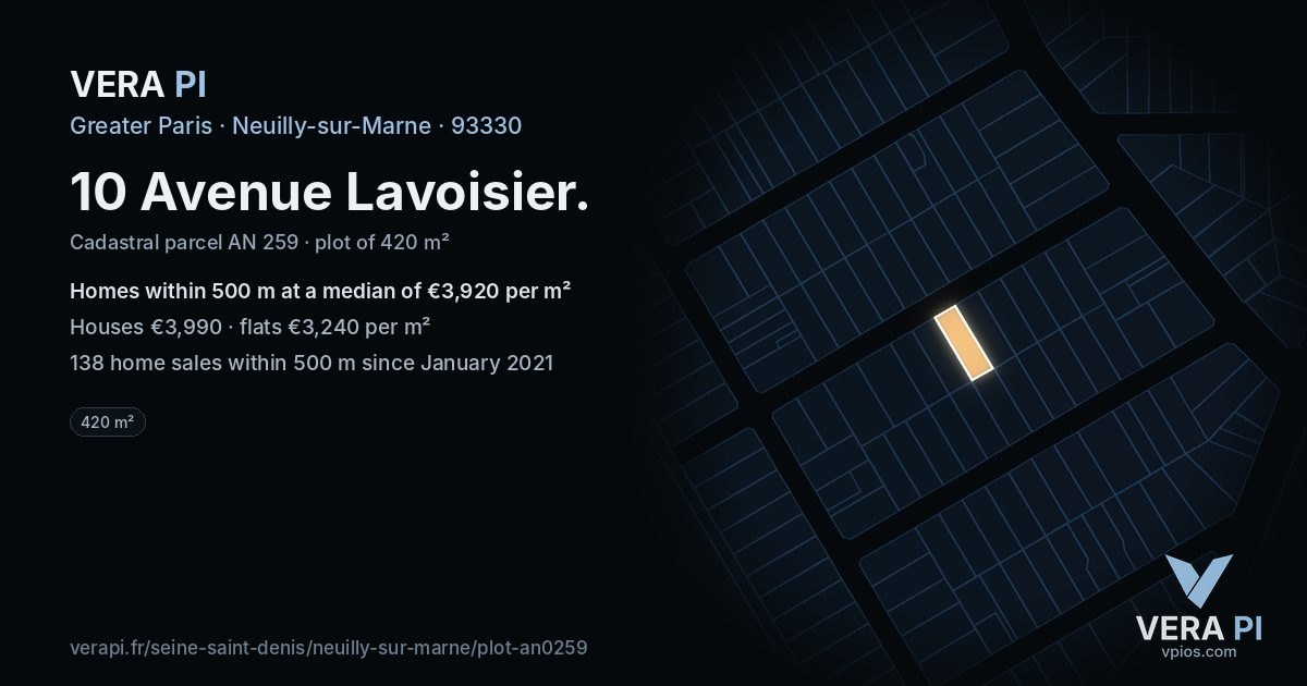 10 Avenue Lavoisier, Neuilly-sur-Marne at night – the plot lit, the parcels around coloured by the prices near them