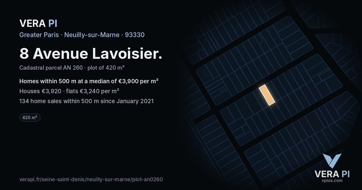 8 Avenue Lavoisier, Neuilly-sur-Marne at night – the plot lit, the parcels around coloured by the prices near them