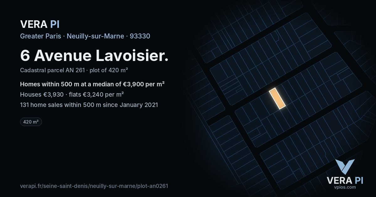6 Avenue Lavoisier, Neuilly-sur-Marne at night – the plot lit, the parcels around coloured by the prices near them