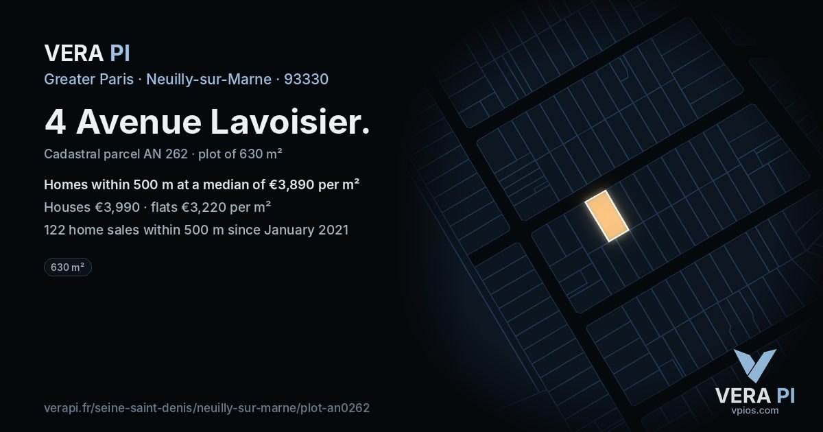 4 Avenue Lavoisier, Neuilly-sur-Marne at night – the plot lit, the parcels around coloured by the prices near them