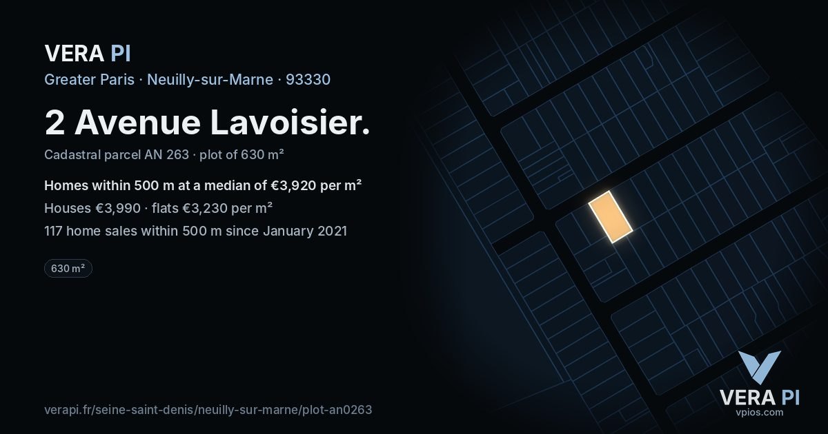 2 Avenue Lavoisier, Neuilly-sur-Marne at night – the plot lit, the parcels around coloured by the prices near them