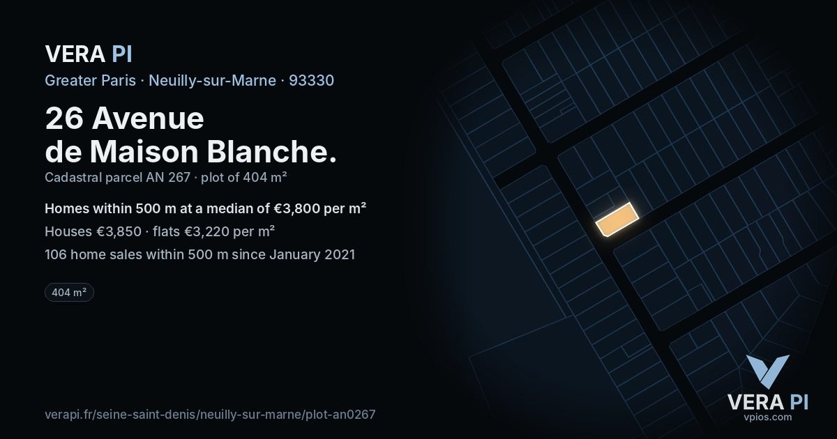 26 Avenue de Maison Blanche, Neuilly-sur-Marne at night – the plot lit, the parcels around coloured by the prices near them