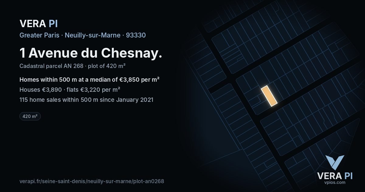 1 Avenue du Chesnay, Neuilly-sur-Marne at night – the plot lit, the parcels around coloured by the prices near them