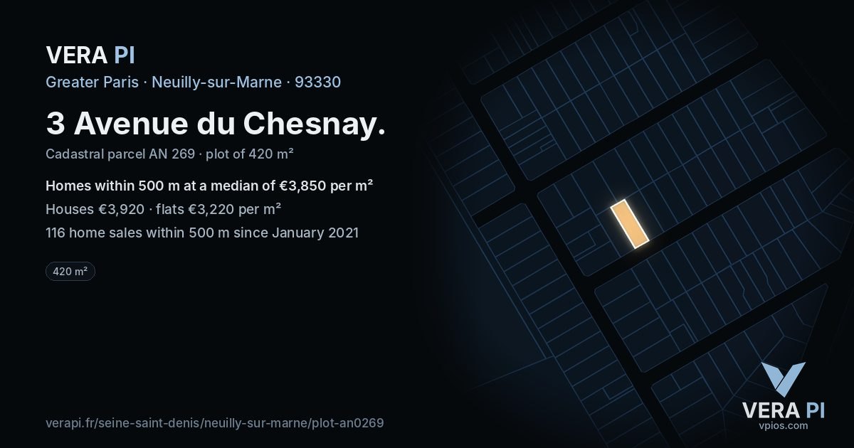 3 Avenue du Chesnay, Neuilly-sur-Marne at night – the plot lit, the parcels around coloured by the prices near them