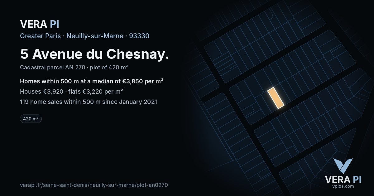 5 Avenue du Chesnay, Neuilly-sur-Marne at night – the plot lit, the parcels around coloured by the prices near them