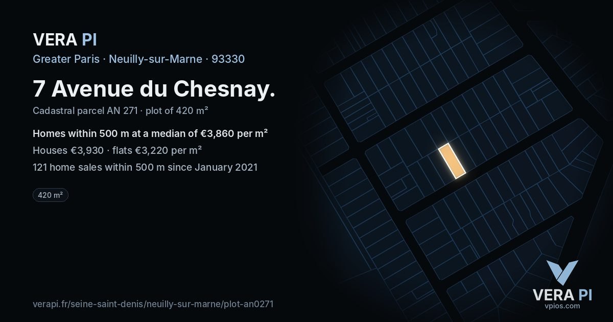 7 Avenue du Chesnay, Neuilly-sur-Marne at night – the plot lit, the parcels around coloured by the prices near them
