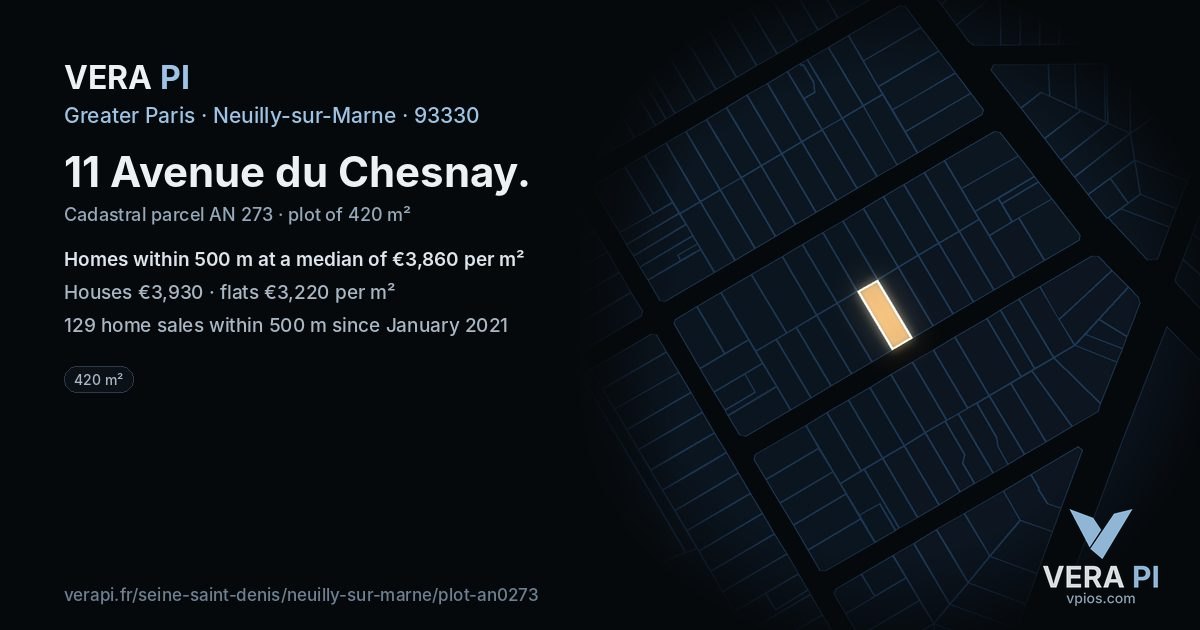 11 Avenue du Chesnay, Neuilly-sur-Marne at night – the plot lit, the parcels around coloured by the prices near them