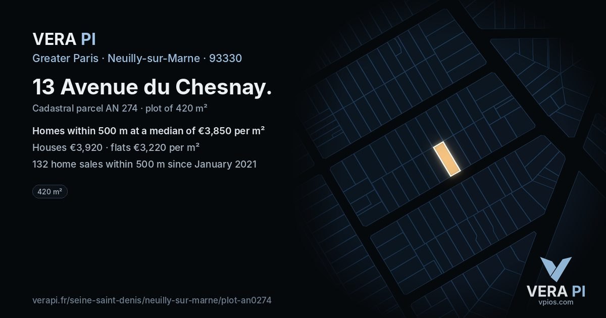 13 Avenue du Chesnay, Neuilly-sur-Marne at night – the plot lit, the parcels around coloured by the prices near them