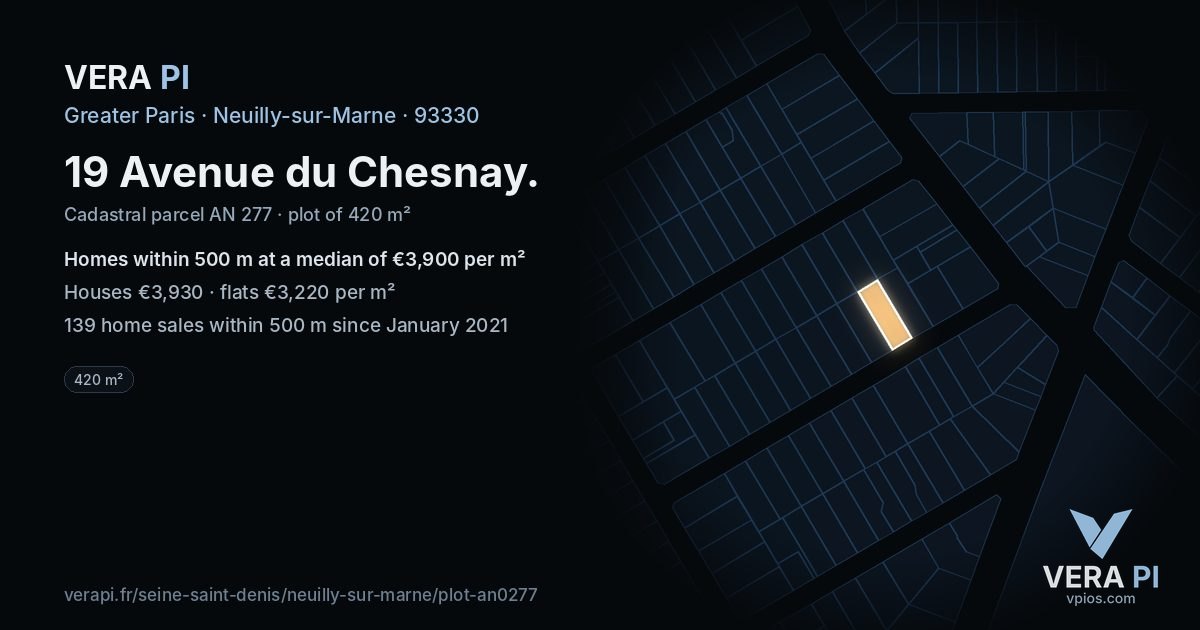 19 Avenue du Chesnay, Neuilly-sur-Marne at night – the plot lit, the parcels around coloured by the prices near them