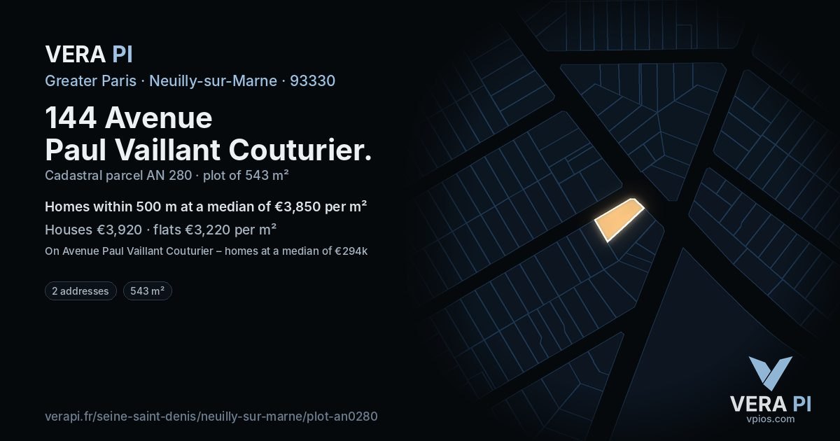 144 Avenue Paul Vaillant Couturier, Neuilly-sur-Marne at night – the plot lit, the parcels around coloured by the prices near them