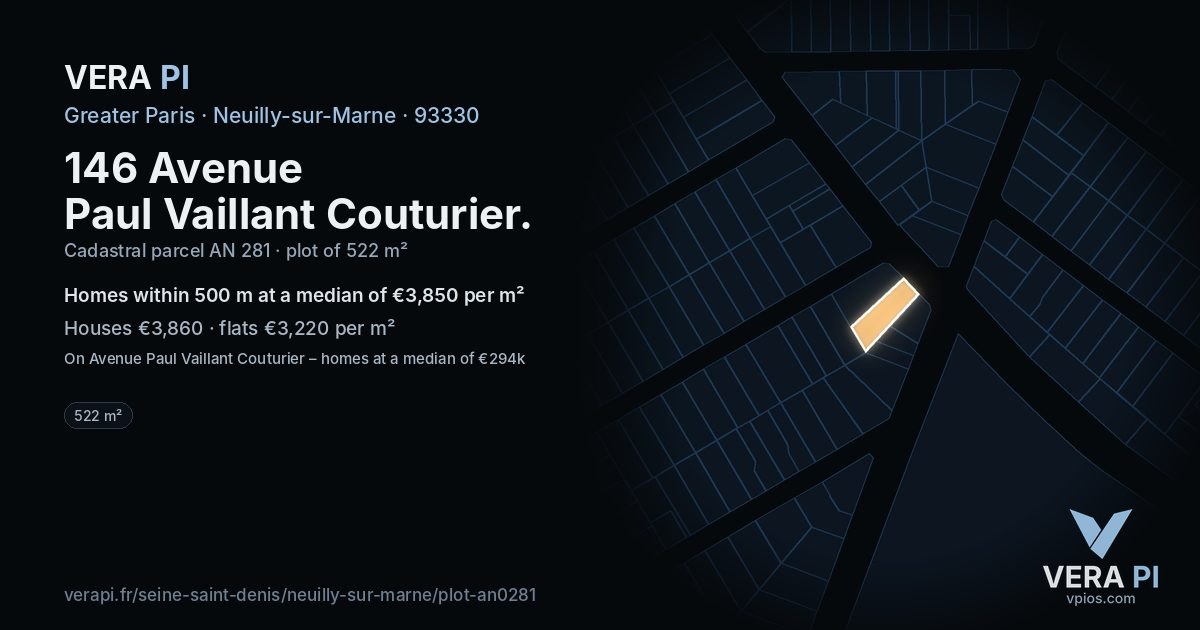 146 Avenue Paul Vaillant Couturier, Neuilly-sur-Marne at night – the plot lit, the parcels around coloured by the prices near them