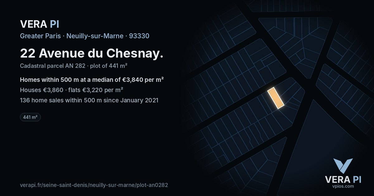 22 Avenue du Chesnay, Neuilly-sur-Marne at night – the plot lit, the parcels around coloured by the prices near them