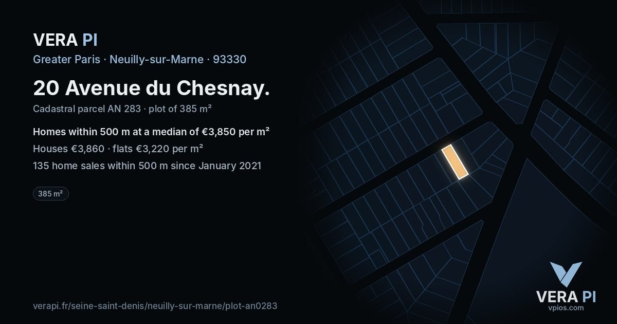 20 Avenue du Chesnay, Neuilly-sur-Marne at night – the plot lit, the parcels around coloured by the prices near them