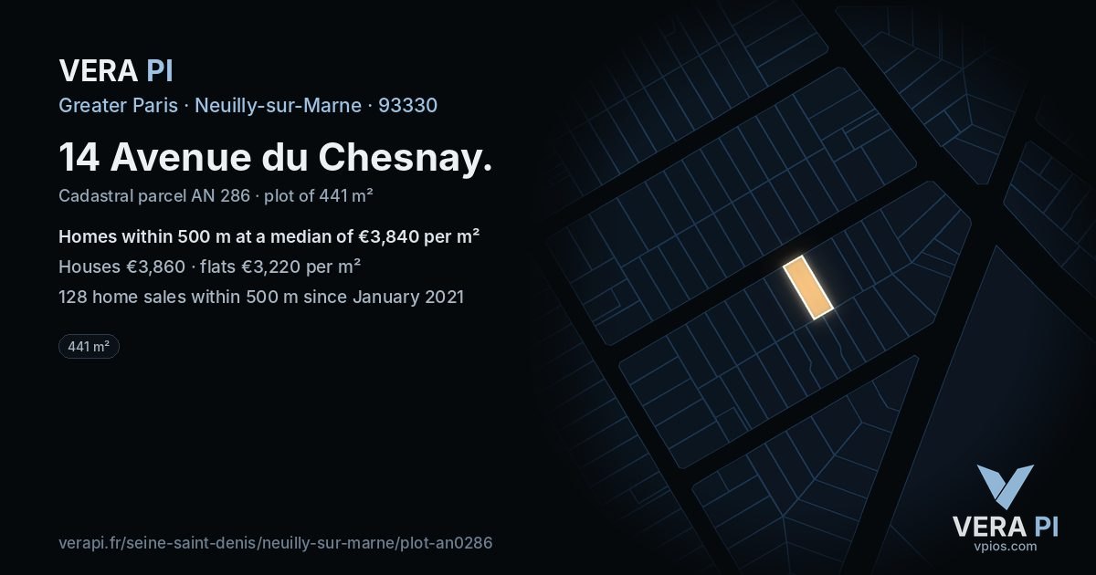14 Avenue du Chesnay, Neuilly-sur-Marne at night – the plot lit, the parcels around coloured by the prices near them
