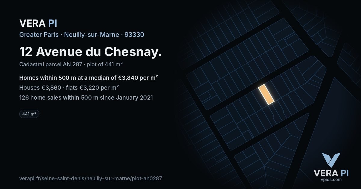 12 Avenue du Chesnay, Neuilly-sur-Marne at night – the plot lit, the parcels around coloured by the prices near them