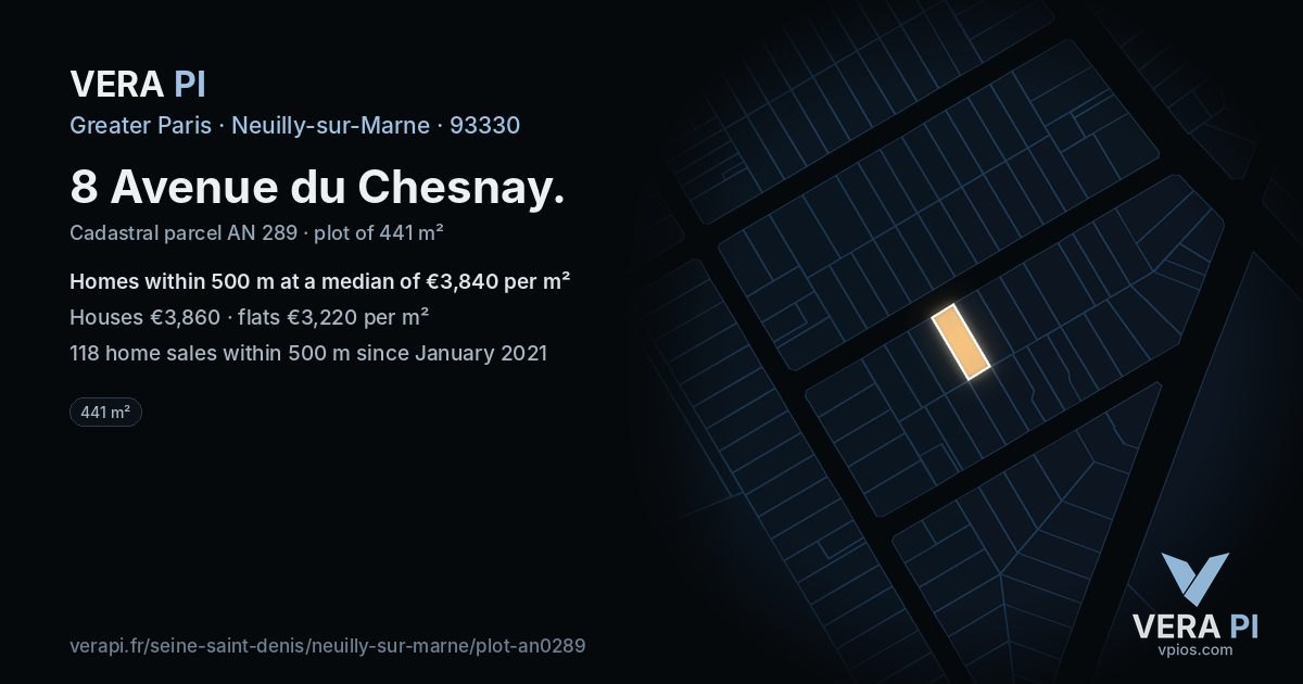 8 Avenue du Chesnay, Neuilly-sur-Marne at night – the plot lit, the parcels around coloured by the prices near them