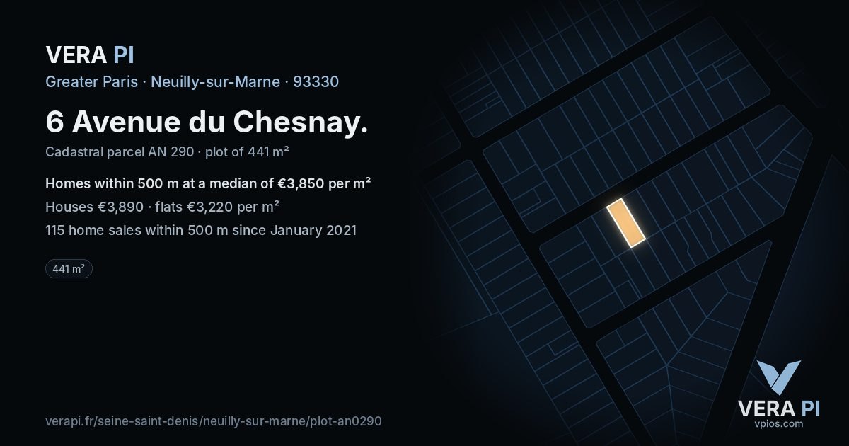6 Avenue du Chesnay, Neuilly-sur-Marne at night – the plot lit, the parcels around coloured by the prices near them