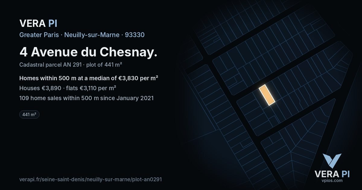 4 Avenue du Chesnay, Neuilly-sur-Marne at night – the plot lit, the parcels around coloured by the prices near them