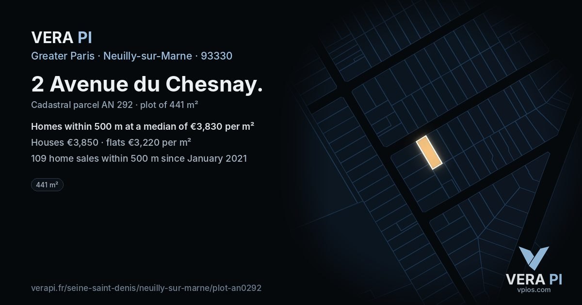 2 Avenue du Chesnay, Neuilly-sur-Marne at night – the plot lit, the parcels around coloured by the prices near them