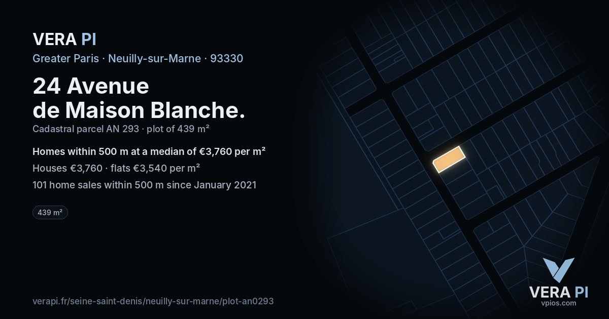 24 Avenue de Maison Blanche, Neuilly-sur-Marne at night – the plot lit, the parcels around coloured by the prices near them