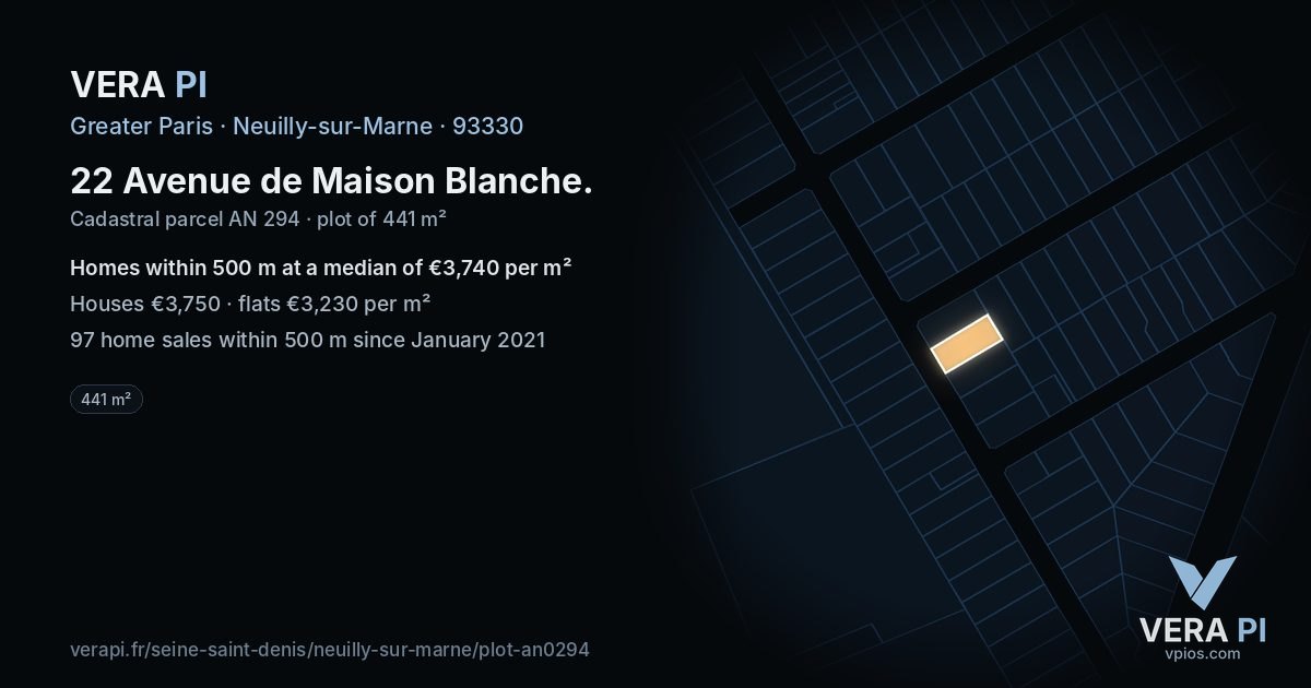 22 Avenue de Maison Blanche, Neuilly-sur-Marne at night – the plot lit, the parcels around coloured by the prices near them