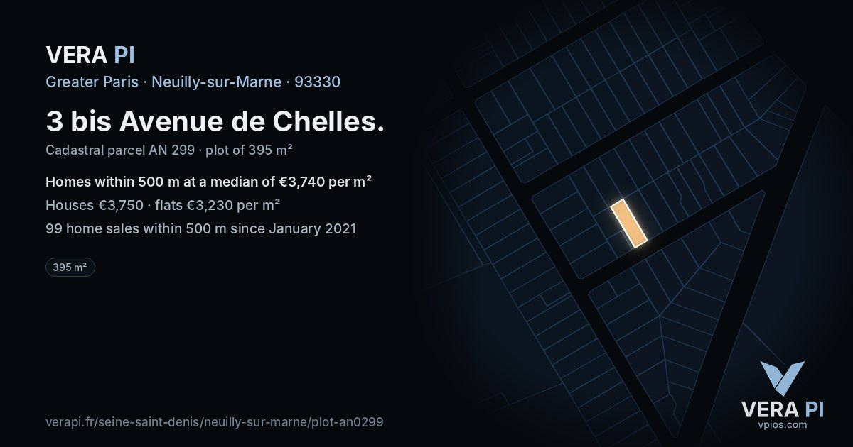 3 bis Avenue de Chelles, Neuilly-sur-Marne at night – the plot lit, the parcels around coloured by the prices near them