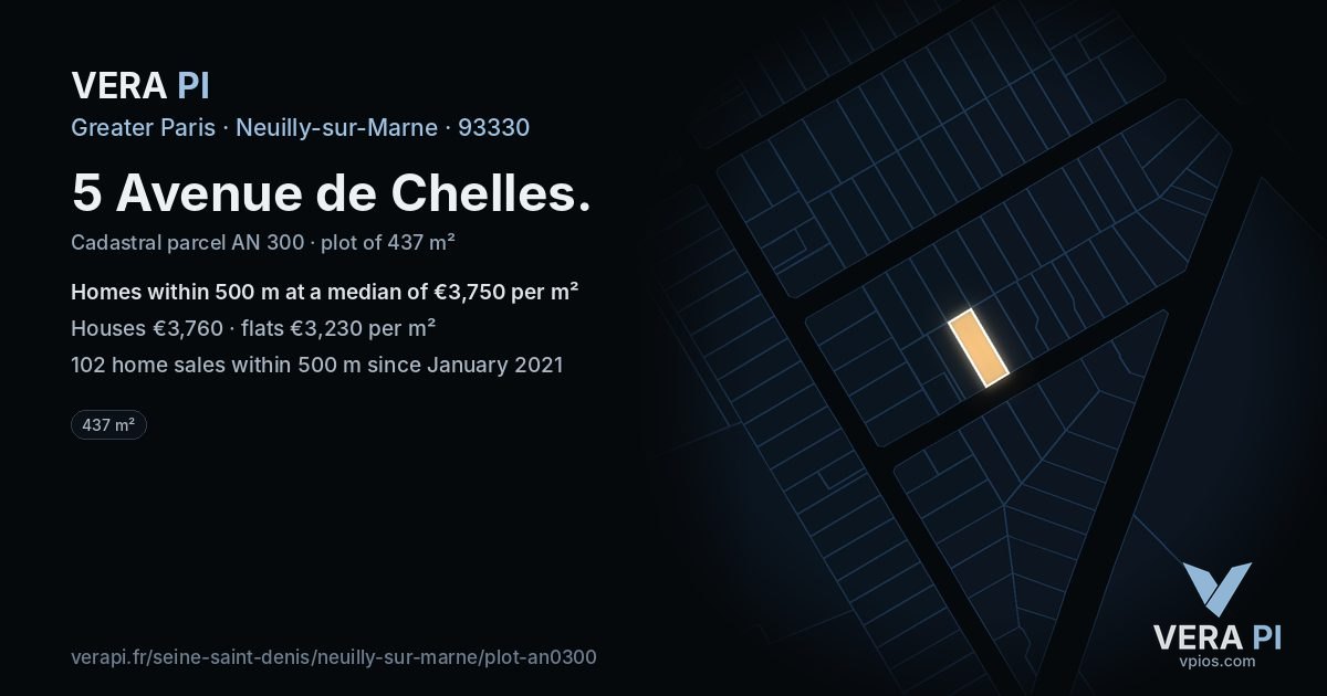 5 Avenue de Chelles, Neuilly-sur-Marne at night – the plot lit, the parcels around coloured by the prices near them