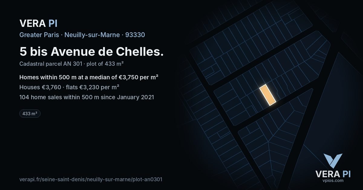 5 bis Avenue de Chelles, Neuilly-sur-Marne at night – the plot lit, the parcels around coloured by the prices near them