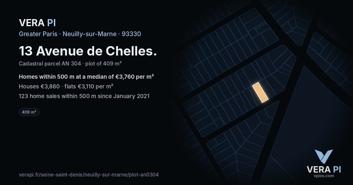 13 Avenue de Chelles, Neuilly-sur-Marne at night – the plot lit, the parcels around coloured by the prices near them