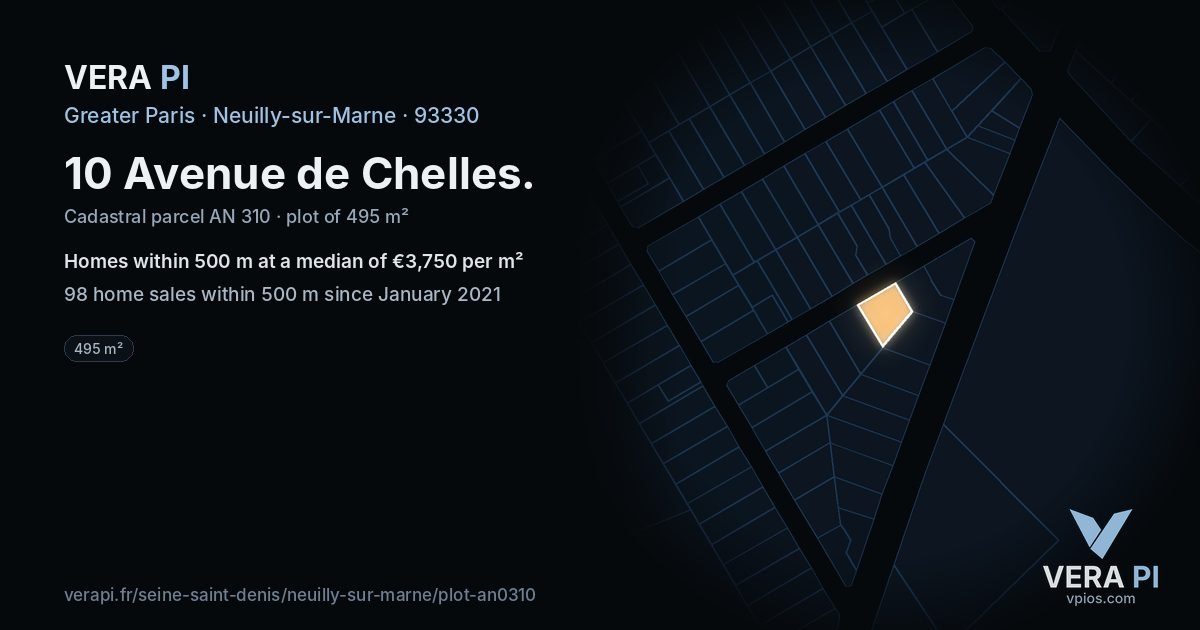10 Avenue de Chelles, Neuilly-sur-Marne at night – the plot lit, the parcels around coloured by the prices near them
