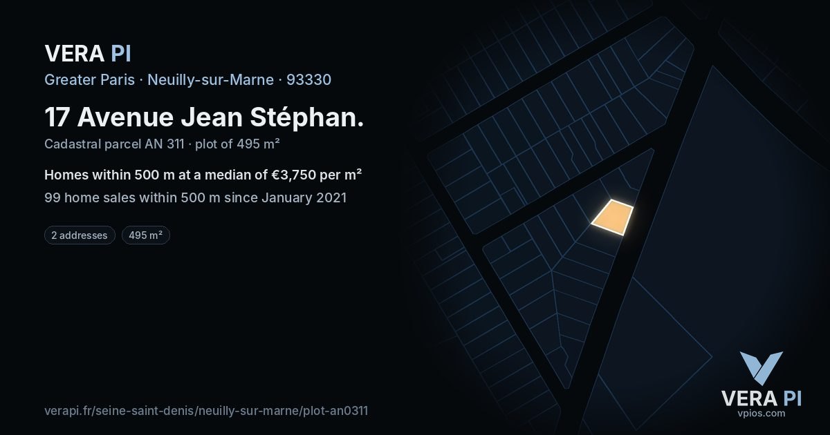 17 Avenue Jean Stéphan, Neuilly-sur-Marne at night – the plot lit, the parcels around coloured by the prices near them