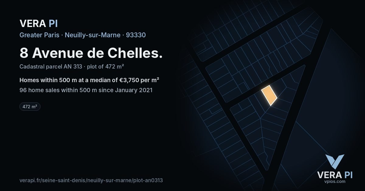 8 Avenue de Chelles, Neuilly-sur-Marne at night – the plot lit, the parcels around coloured by the prices near them