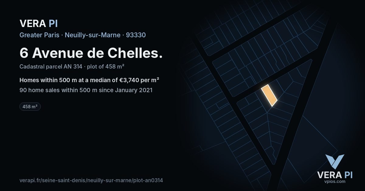 6 Avenue de Chelles, Neuilly-sur-Marne at night – the plot lit, the parcels around coloured by the prices near them