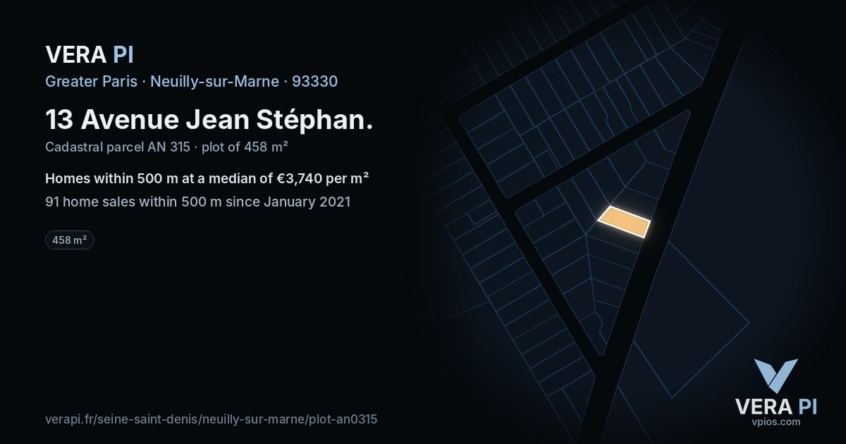 13 Avenue Jean Stéphan, Neuilly-sur-Marne at night – the plot lit, the parcels around coloured by the prices near them