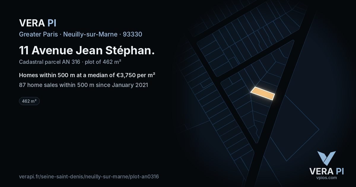 11 Avenue Jean Stéphan, Neuilly-sur-Marne at night – the plot lit, the parcels around coloured by the prices near them