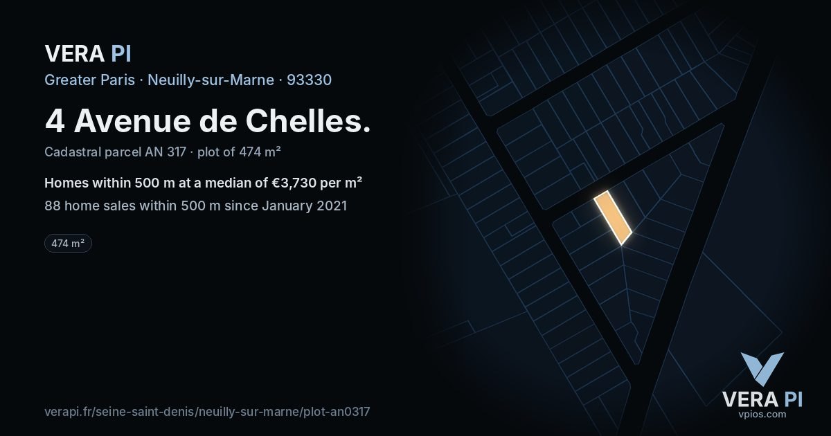 4 Avenue de Chelles, Neuilly-sur-Marne at night – the plot lit, the parcels around coloured by the prices near them