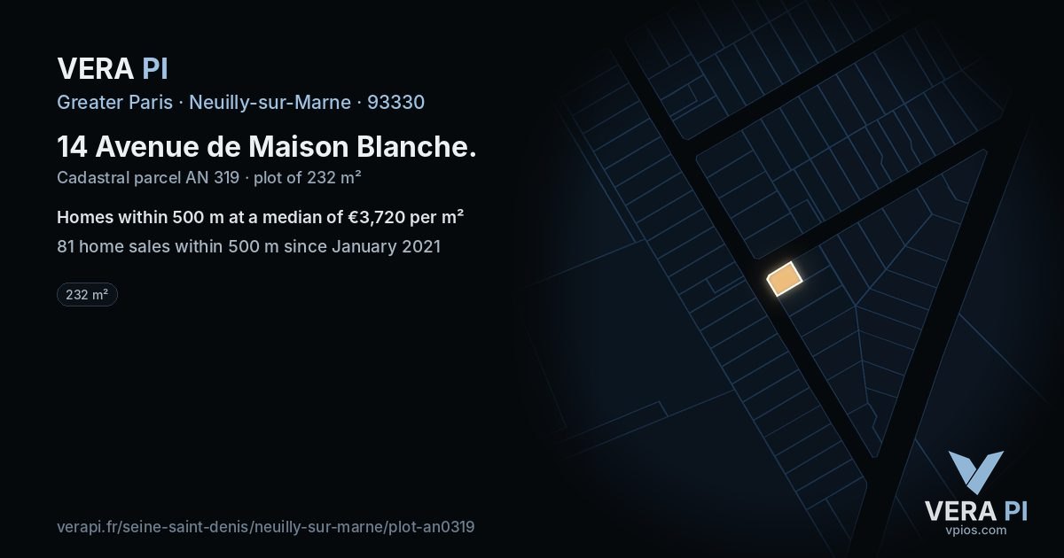14 Avenue de Maison Blanche, Neuilly-sur-Marne at night – the plot lit, the parcels around coloured by the prices near them