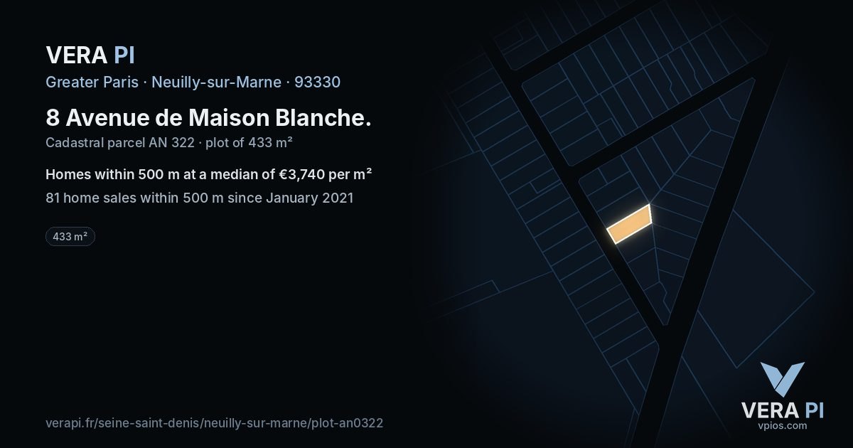 8 Avenue de Maison Blanche, Neuilly-sur-Marne at night – the plot lit, the parcels around coloured by the prices near them