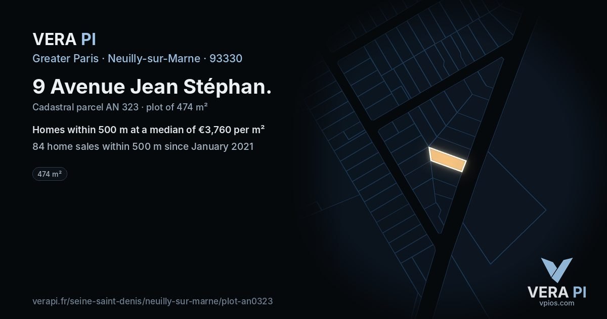 9 Avenue Jean Stéphan, Neuilly-sur-Marne at night – the plot lit, the parcels around coloured by the prices near them