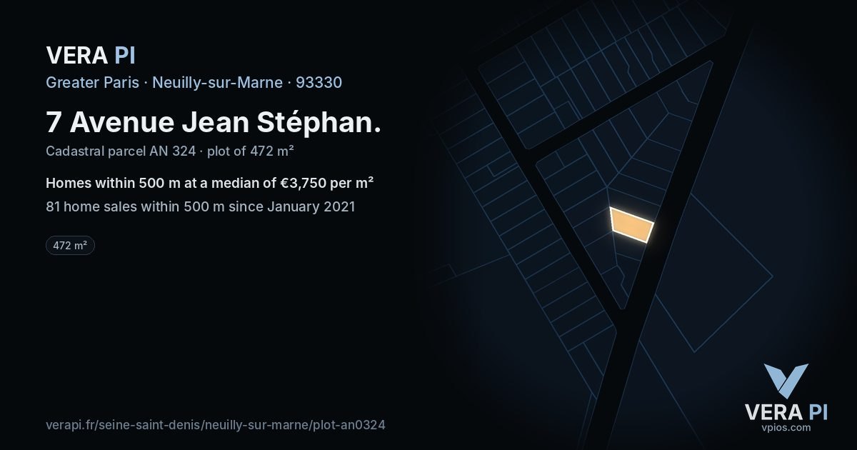 7 Avenue Jean Stéphan, Neuilly-sur-Marne at night – the plot lit, the parcels around coloured by the prices near them