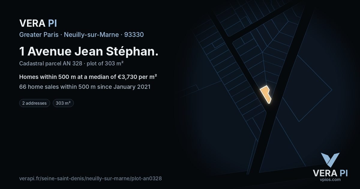 1 Avenue Jean Stéphan, Neuilly-sur-Marne at night – the plot lit, the parcels around coloured by the prices near them