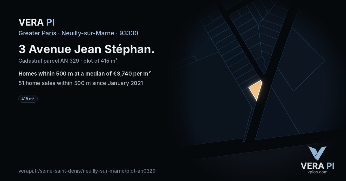 3 Avenue Jean Stéphan, Neuilly-sur-Marne at night – the plot lit, the parcels around coloured by the prices near them