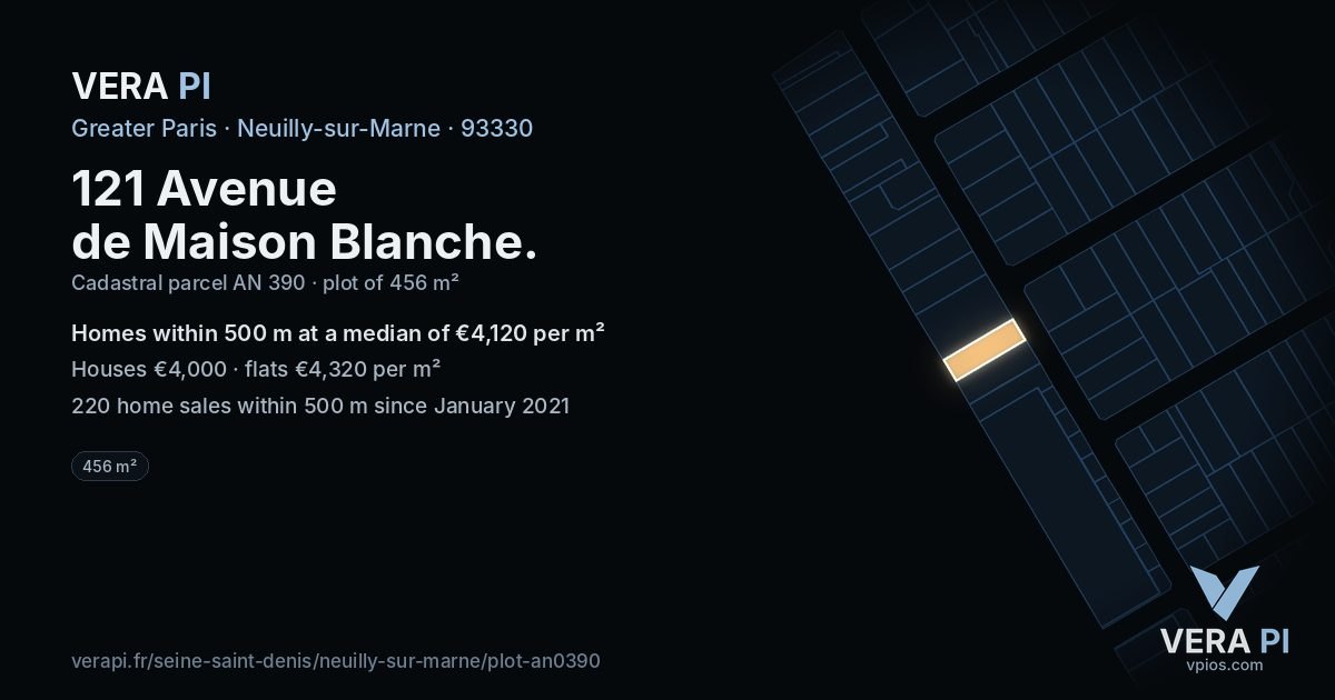 121 Avenue de Maison Blanche, Neuilly-sur-Marne at night – the plot lit, the parcels around coloured by the prices near them