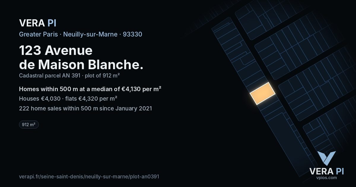 123 Avenue de Maison Blanche, Neuilly-sur-Marne at night – the plot lit, the parcels around coloured by the prices near them
