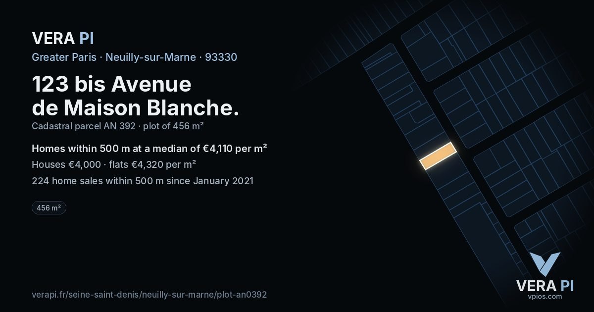 123 bis Avenue de Maison Blanche, Neuilly-sur-Marne at night – the plot lit, the parcels around coloured by the prices near them
