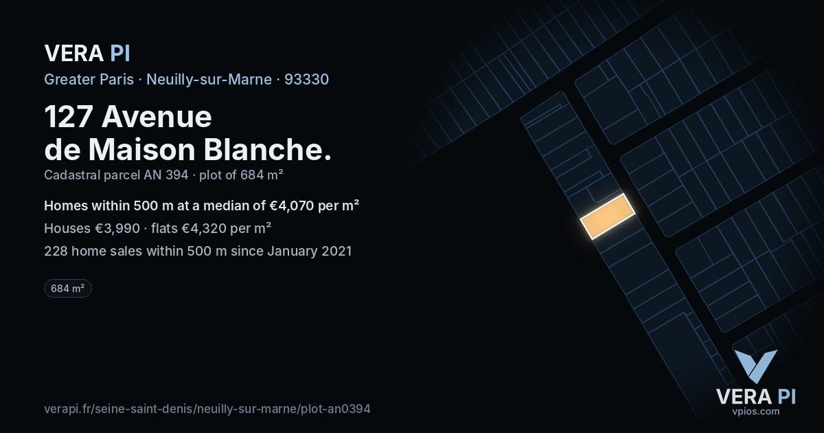 127 Avenue de Maison Blanche, Neuilly-sur-Marne at night – the plot lit, the parcels around coloured by the prices near them