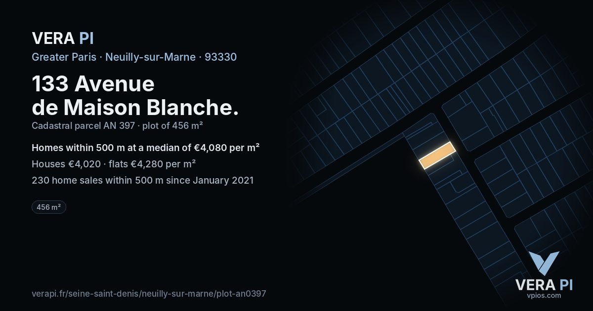133 Avenue de Maison Blanche, Neuilly-sur-Marne at night – the plot lit, the parcels around coloured by the prices near them