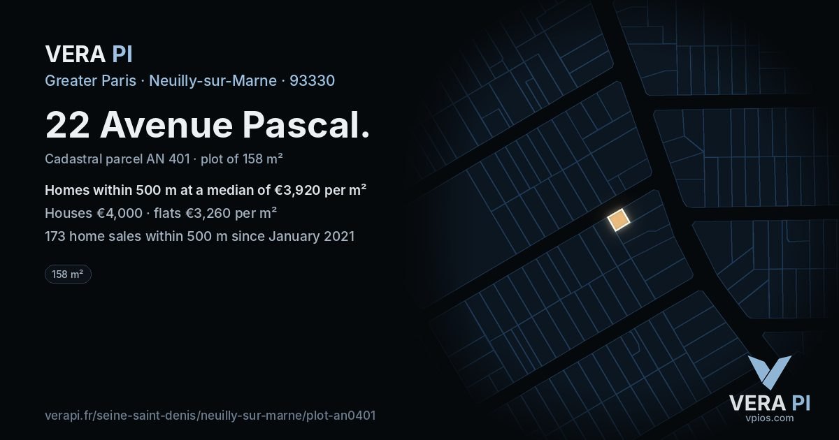 22 Avenue Pascal, Neuilly-sur-Marne at night – the plot lit, the parcels around coloured by the prices near them