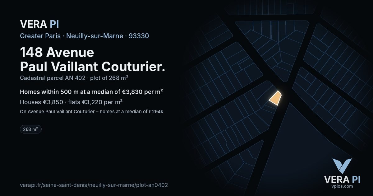 148 Avenue Paul Vaillant Couturier, Neuilly-sur-Marne at night – the plot lit, the parcels around coloured by the prices near them