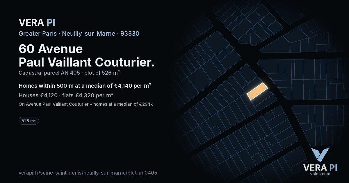 60 Avenue Paul Vaillant Couturier, Neuilly-sur-Marne at night – the plot lit, the parcels around coloured by the prices near them